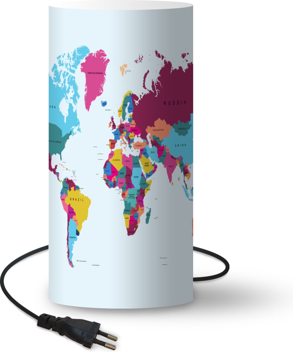 Lamp - Nachtlampje - Tafellamp slaapkamer - Wereldkaart - Trendy - Kleurrijk - 54 cm hoog - Ø24.8 cm - Inclusief LED lamp