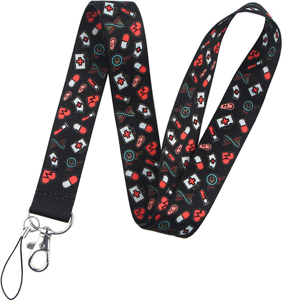 DW4Trading Sleutelkoord Medicijnen Pillen Verzorging Zwart - Sleutelhanger - Keycord - Lanyard - Lengte 48 cm