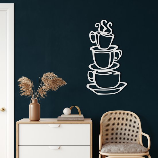 Wanddecoratie | Koffiekopjes  / Coffee Cups | Metal - Wall Art | Muurdecoratie | Woonkamer |Wit| 40x75cm