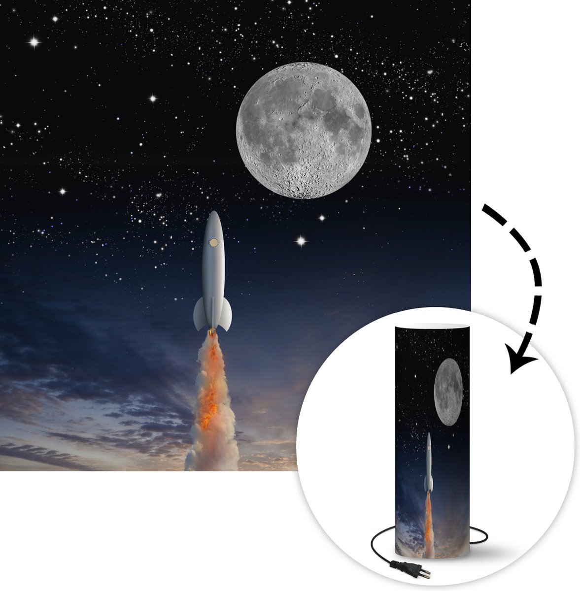 Lamp - Nachtlampje - Tafellamp slaapkamer - de space shuttle en de volle maan - 50 cm hoog - Ø15.9 cm - Inclusief LED lamp