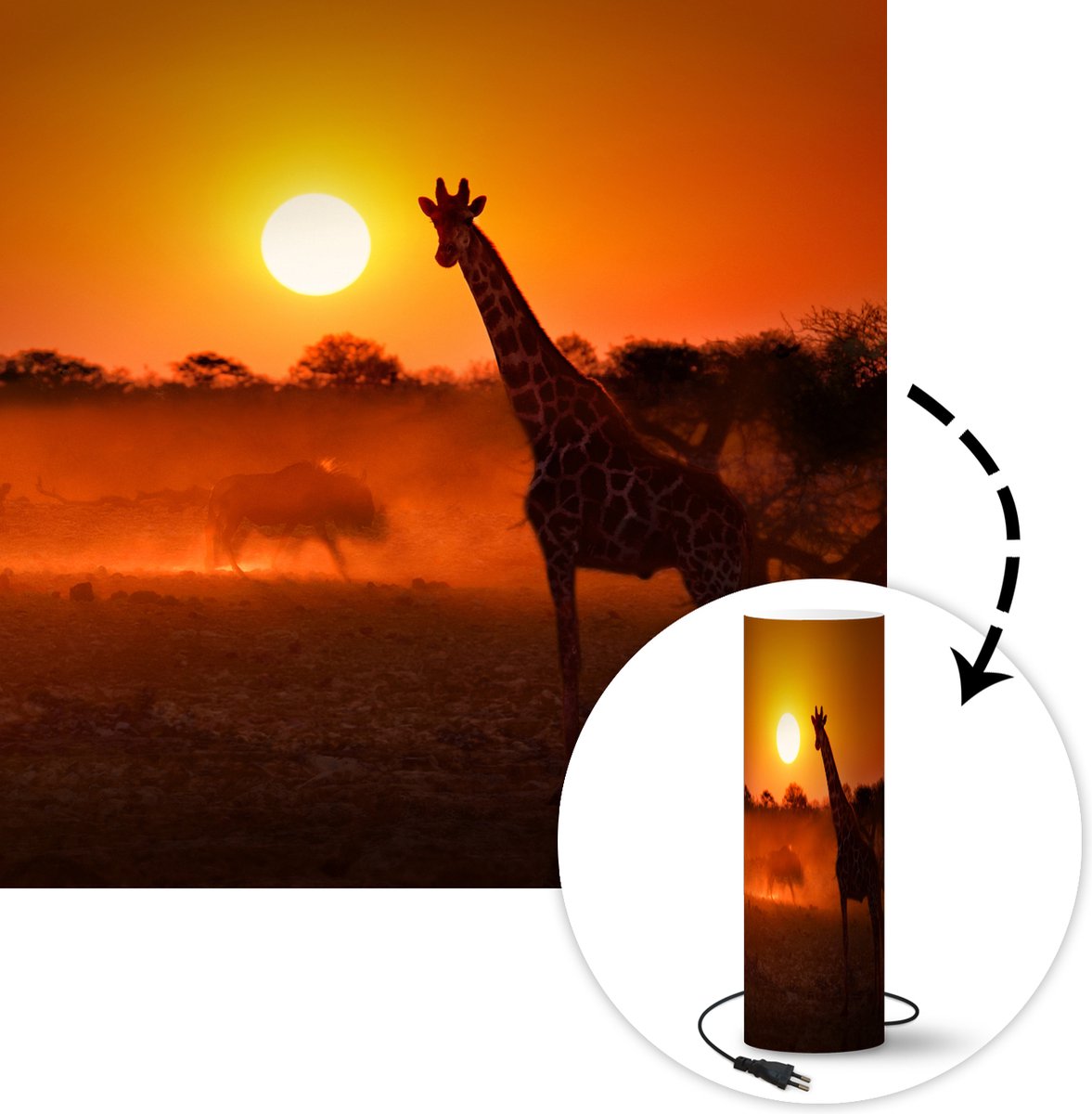 Lamp - Nachtlampje - Tafellamp slaapkamer - Giraffe - Zon - Savanne - 50 cm hoog - Ø15.9 cm - Inclusief LED lamp
