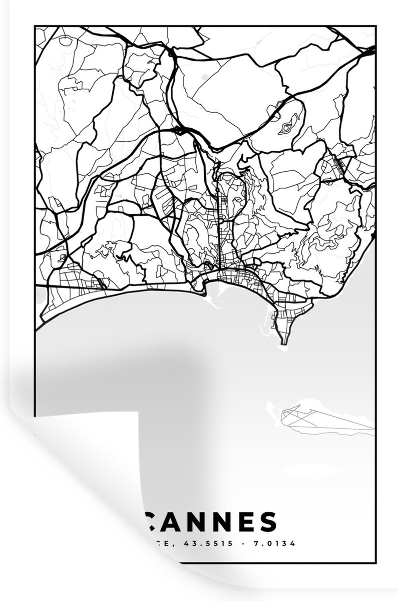 Muurstickers - Sticker Folie - Kaart - Plattegrond - Cannes - Frankrijk - Stadskaart - Zwa