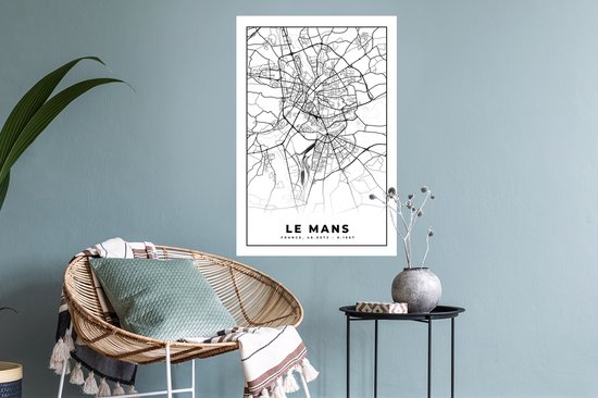 Stickers muraux - Plan d'étage - Carte - Le Mans - France - Plan de la ville - Zwart et blanc - 40x60 cm - Film adhésif