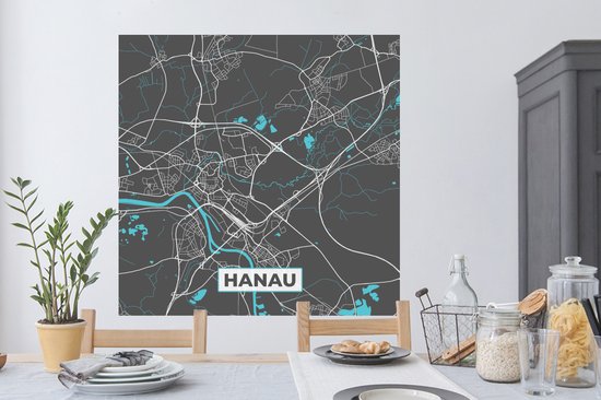 Muurstickers - Sticker Folie - Blauw – Duitsland – Plattegrond – Stadskaart – Kaart – Hanau - 120x120 cm - Plakfolie - Muurstickers Kinderkamer - Zelfklevend Behang XXL - Zelfklevend behangpapier - Stickerfolie