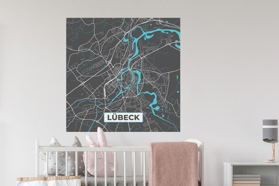 Stickers muraux - Lübeck - Plan de la ville - Blauw - Carte - Plan de la ville - Carte - Allemagne - 100x100 cm - Feuille adhésive XXL