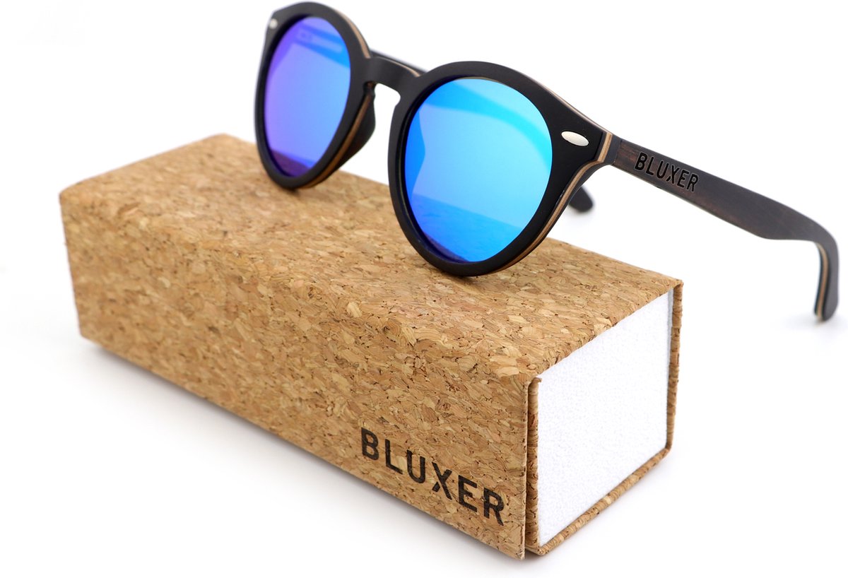 Bluxer® Zonnebril - Hippe Houten Zonnebril Gepolariseerd - UV400 Lens - Gelamineerd Ebony Wood - Ice Blue Lens