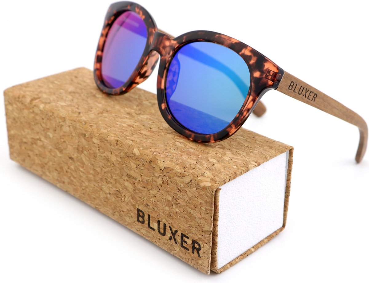 Bluxer® Zonnebril - Hippe Zonnebril Gepolariseerd - UV400 Lens - Walnut Wood - Ice Blue lens