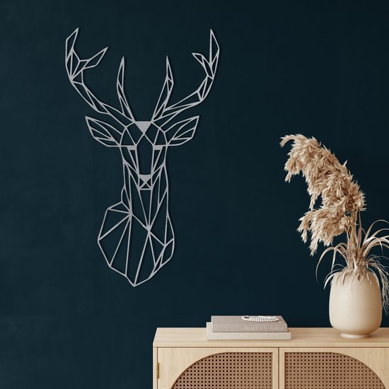 Wanddecoratie | Geometrische Hertenkop / Geometric Deer Head| Metal - Wall Art | Muurdecoratie | Woonkamer |Zilver| 36x61cm