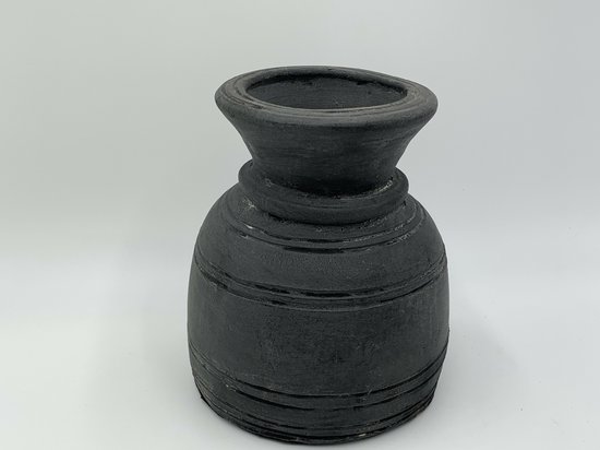 Nepalese decoratieve pot maat M grijs / zwart 18 x 14,5 cm aardewerk | 42646 | Home Sweet Home | Stoer & Sober Woonstijl