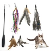 Luxeli Kattenhengel met 5 Hangers - Interactieve Kattenspeeltjes - Kattenspeelgoed met Veren en Belletjes - Uitschuifbare Hengel