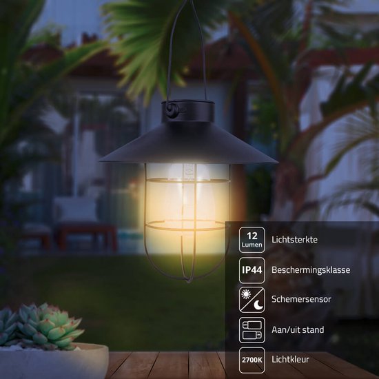 Solar tuinverlichting - Hanglamp buiten 'Harper' - Rustieke uitstraling - Buitenlamp op zonne-energie - Vintage tuinlamp - Zwart