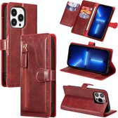 iPhone 13 Pro Premium Vintage Zippered Wallet Case Flip Cover Case with Card Holder Slots - Rouge