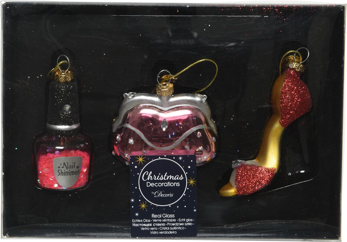 3x stuks glazen kersthangers nagellak, handtas en pump kerstornamenten - Beauty kerstboomversiering