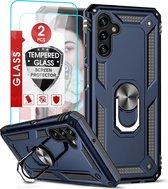 HB Hoesje Geschikt voor Samsung Galaxy M23 Blauw & 2X Glazen Screenprotector - Anti-Shock Hybrid Armor met Kickstand Ring
