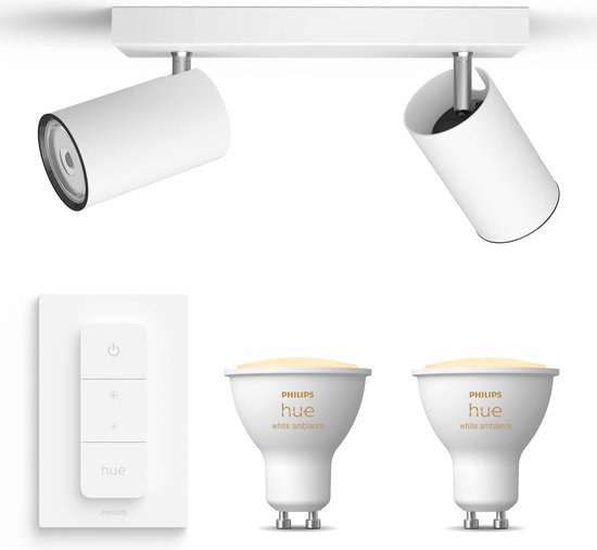 Philips myLiving Kosipo Opbouwspot Wit - 2 Lichtpunten - Spotjes Opbouw Incl. Philips Hue White Ambiance GU10 & Dimmer - Bluetooth