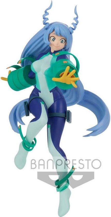 Nejire Hado aux longs cheveux bleus, souriante, porte une combinaison violette, vert menthe et blanche avec des gantelets verts.