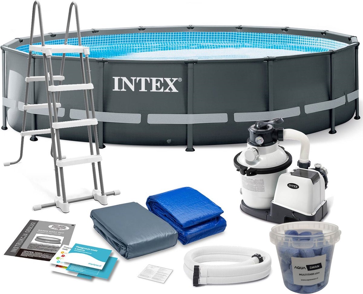 Intex Ultra XTR Familie zwembad | Ø 549 x 132 cm | 2022 model | Inclusief krachtige zandfilterpomp 6m3/uur | inlaatsproeier | slangen | ladder | dekzeil en bodembeschermend zeil | Aquaswan Multitabs 5KG | Intex zwembad complete set | Zwembad Rond