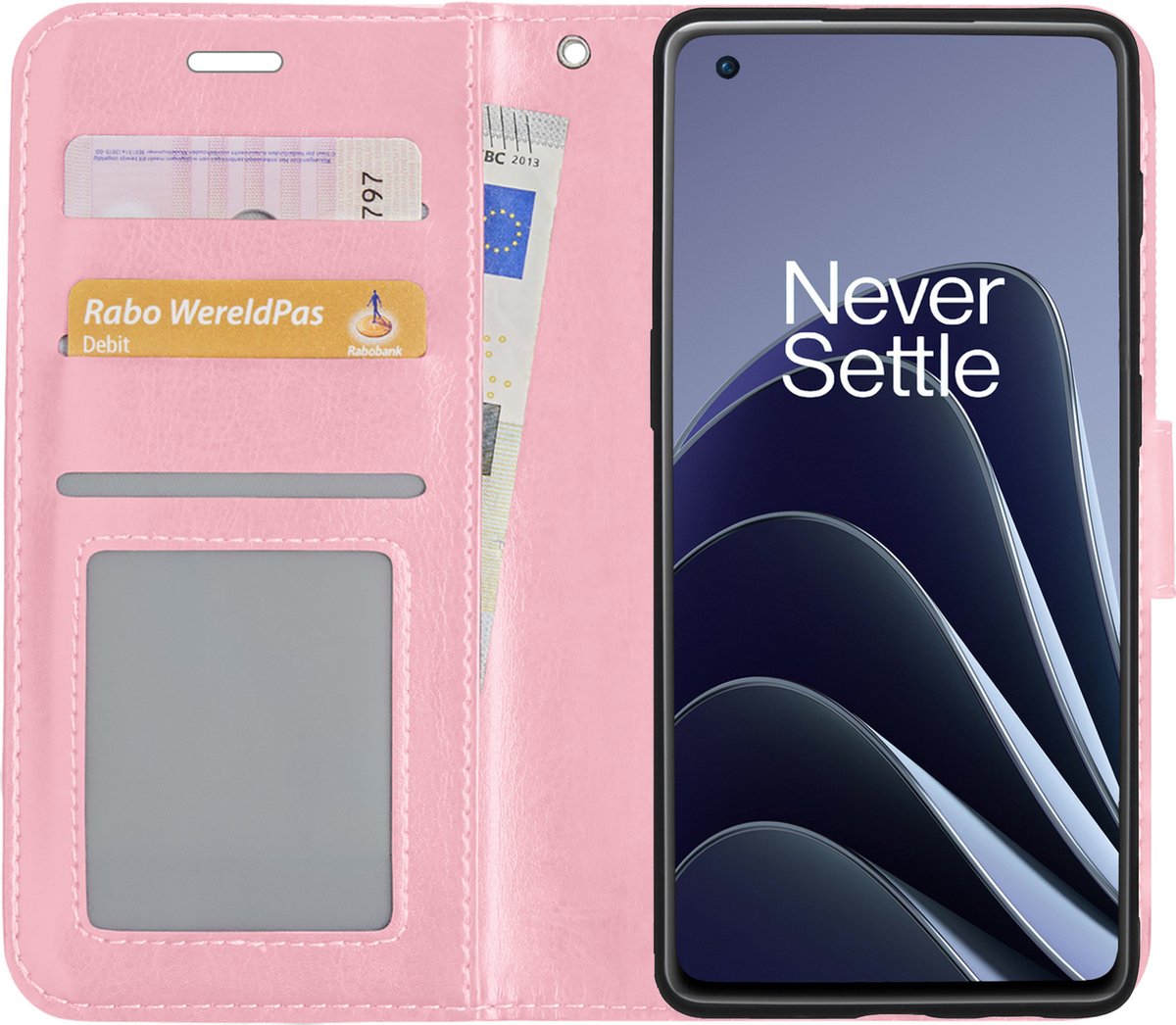 Hoesje Met Pasjeshouder - Geschikt voor OnePlus 10 Pro - Luxe Bookcase Portemonee - Flip Case - Kunstleer Book Case - Flipcase - Book Cover - Walletcase - Portemonneehoes - Lichtroze