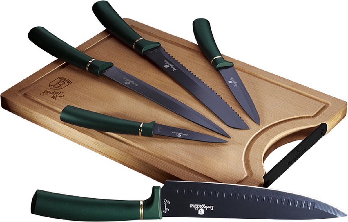 Top Choice - 6 delige keuken messenset met snijplank - Emerald Collection