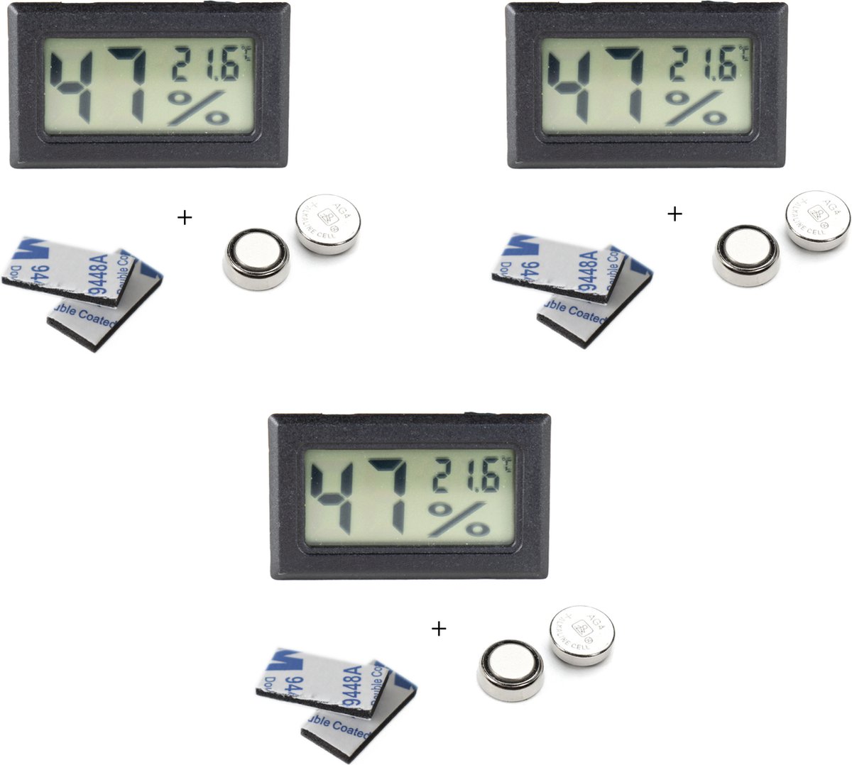 Tool Meister TM1 – Hygrometer & Thermometer - Binnen/Buiten/Koelkast – Digitaal - Zwart 3 stuks - Incl batterijen