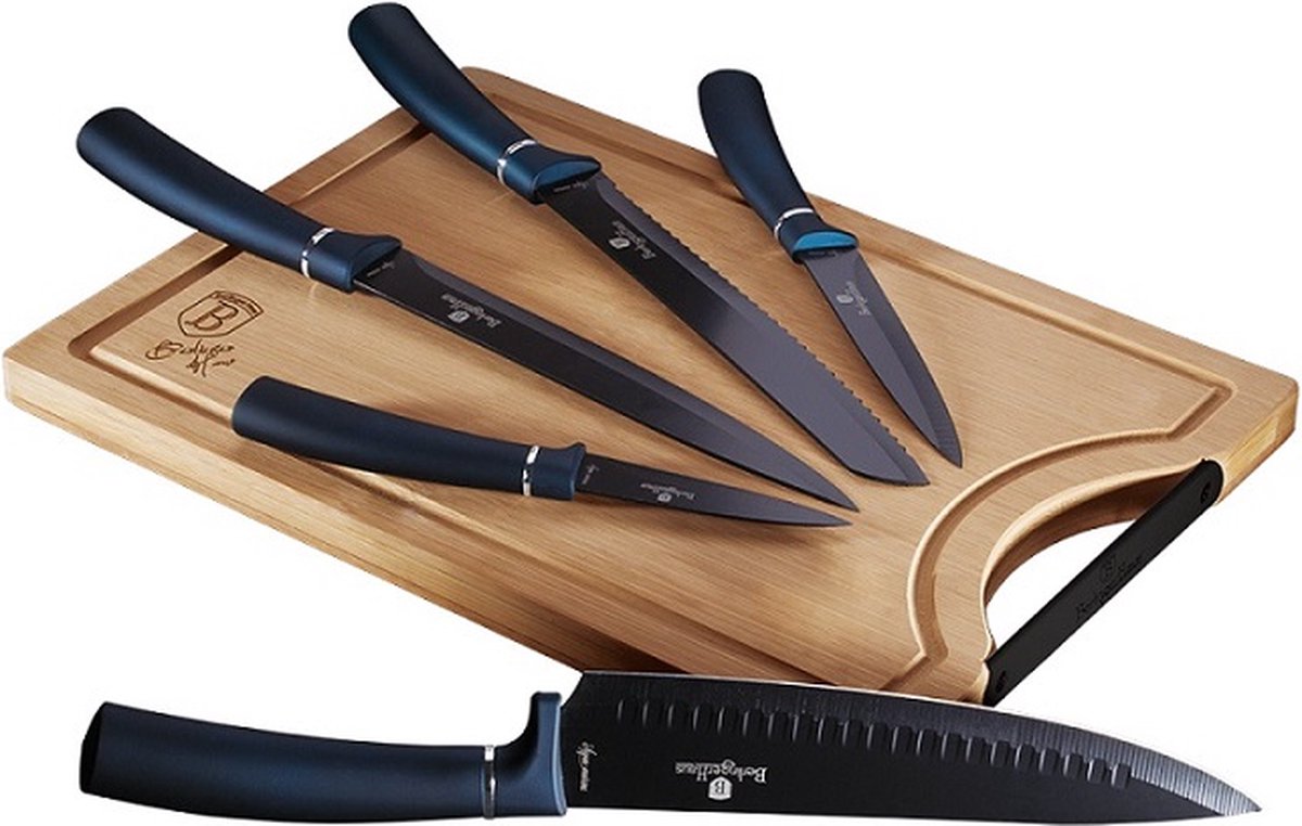 Top Choice - 6 delige keuken messenset met snijplank - aqua marina