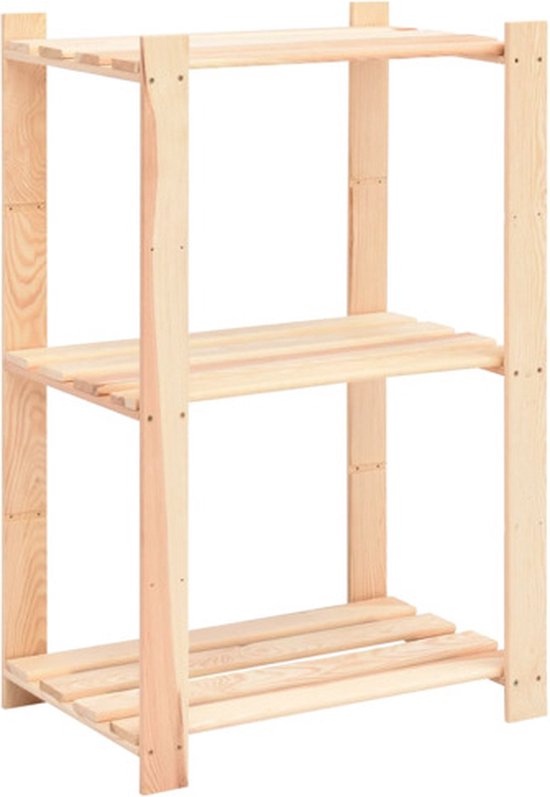 Driehoekig houten plantenrek met 3 planken, 60x38x90cm.