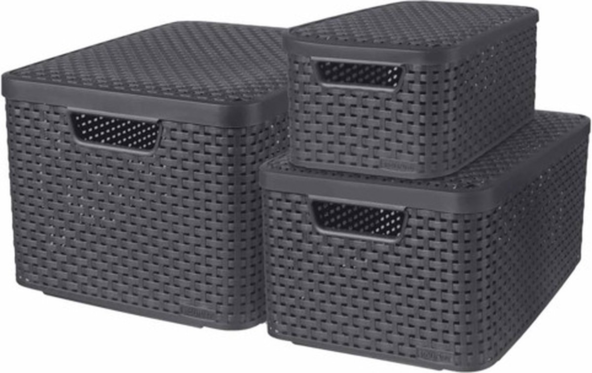 Curver Opbergboxen met deksel Style 3 st S+M+L antraciet