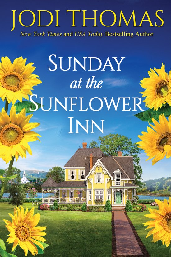 Boekcover met een gele villa, omringd door zonnebloemen en een helderblauwe hemel. Titel: Sunday at the Sunflower Inn.