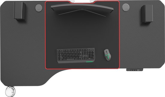 Bovenaanzicht van een zwart, gebogen gamingbureau met monitor, toetsenbord en muis.