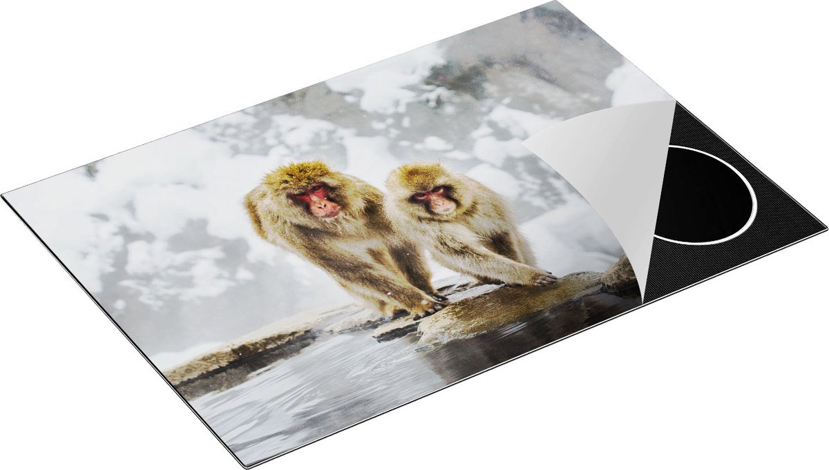 Chefcare Inductie Beschermer Twee Aapjes in de Sneeuw op Rotsen - 75x50 cm - Afdekplaat Inductie - Kookplaat Beschermer - Inductie Mat