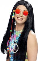 Dames Flower Power Hippie Sixties verkleed set zwarte pruik en ronde oranje bril en peace teken ketting