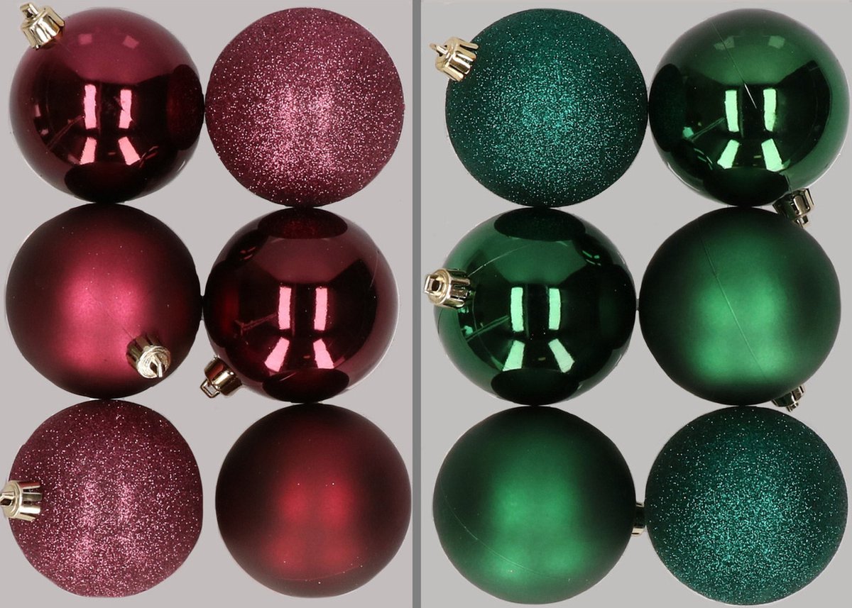 12x stuks kunststof kerstballen mix van aubergine en donkergroen 8 cm - Kerstversiering