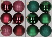 12x stuks kunststof kerstballen mix van aubergine en donkergroen 8 cm - Kerstversiering