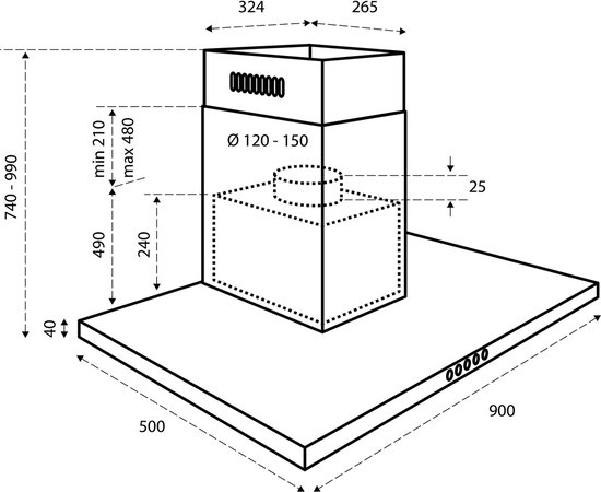 Inventum AKB9005ZWA platte wandschouw afzuigkap 90 cm - Afzuigcapaciteit 645 m3/h - Geschikt voor open keuken - 3 standen - Ledspots - Luchtafvoer en recirculatie - Zwart