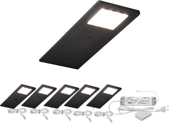Lemilux Veda Keukenkast Verlichting set van 5 - Zwart Geborsteld Aluminium - Touch dimmer