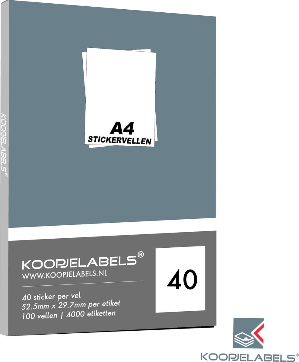 A4 stickervellen 40 etiketten per vel - 100 vellen / 4000 etiketten - prijsetiketten - prijslabels (52.5mm x 29.7mm per etiket) Koopjelabels®