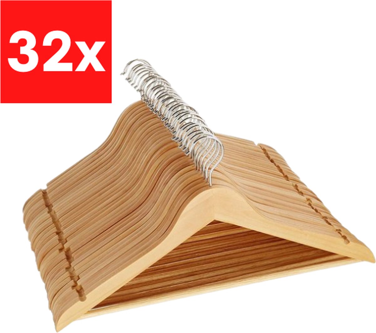 Wooners® Houten kledinghangers - 32 stuks - Met broeklat - Bruin