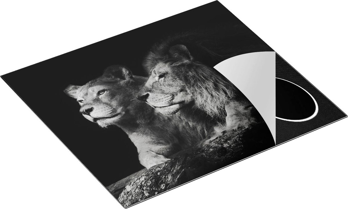 Chefcare Inductie Beschermer Leeuw en Leeuwin - Zwart Wit - 59x51 cm - Afdekplaat Inductie - Kookplaat Beschermer - Inductie Mat