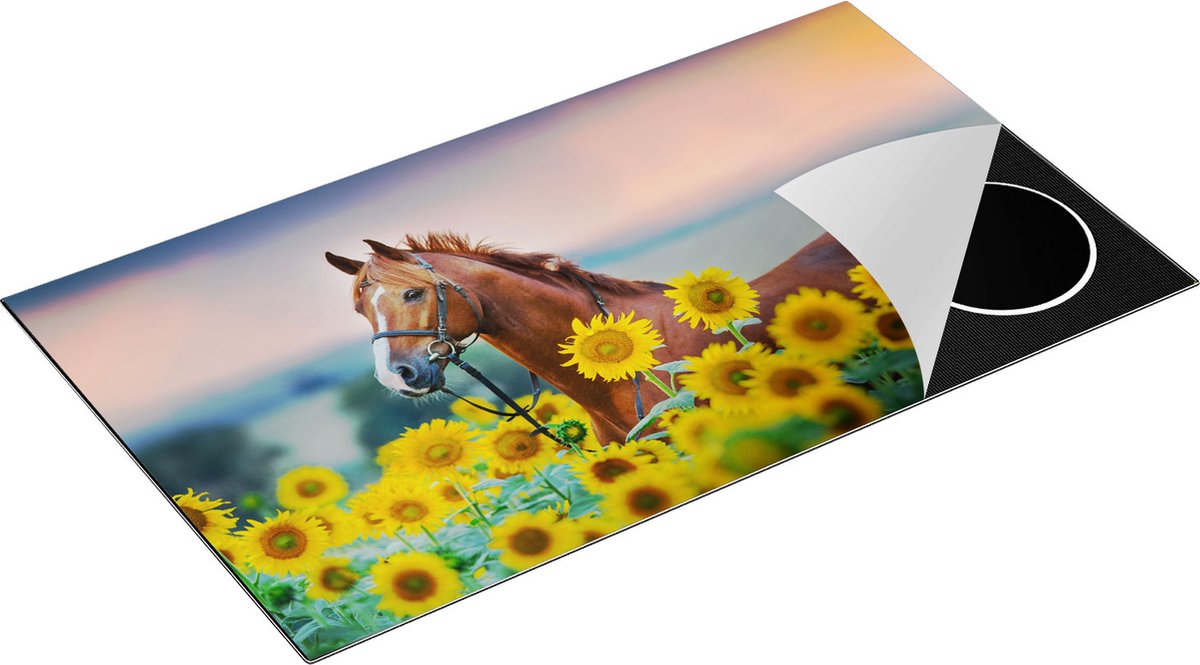 Chefcare Inductie Beschermer Bruin Paard tussen de Zonnebloemen - 90x50 cm - Afdekplaat Inductie - Kookplaat Beschermer - Inductie Mat