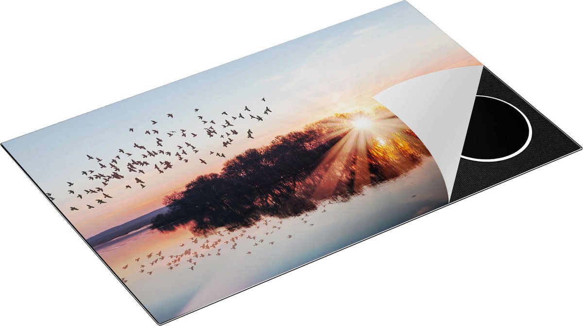 Chefcare Inductie Beschermer Groep Vogels Boven de Meer met Zonsondergang - 85x50 cm - Afdekplaat Inductie - Kookplaat Beschermer - Inductie Mat