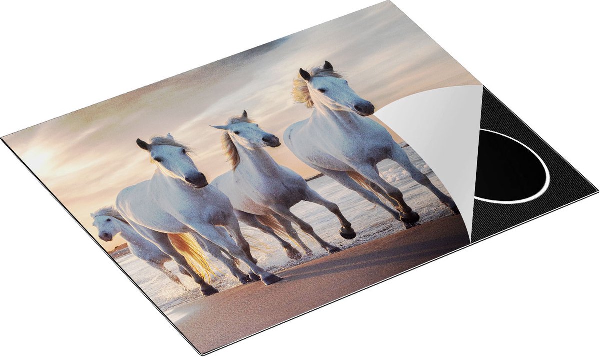 Chefcare Inductie Beschermer Witte Paarden op het Strand bij Water - 65x52 cm - Afdekplaat Inductie - Kookplaat Beschermer - Inductie Mat