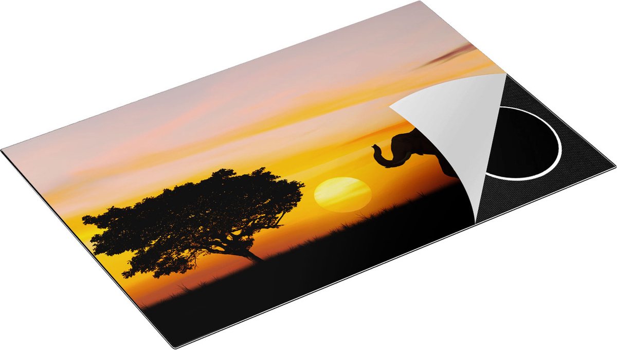 Chefcare Inductie Beschermer Olifant Silhouet tijdens Zonsondergang - 80x52 cm - Afdekplaat Inductie - Kookplaat Beschermer - Inductie Mat