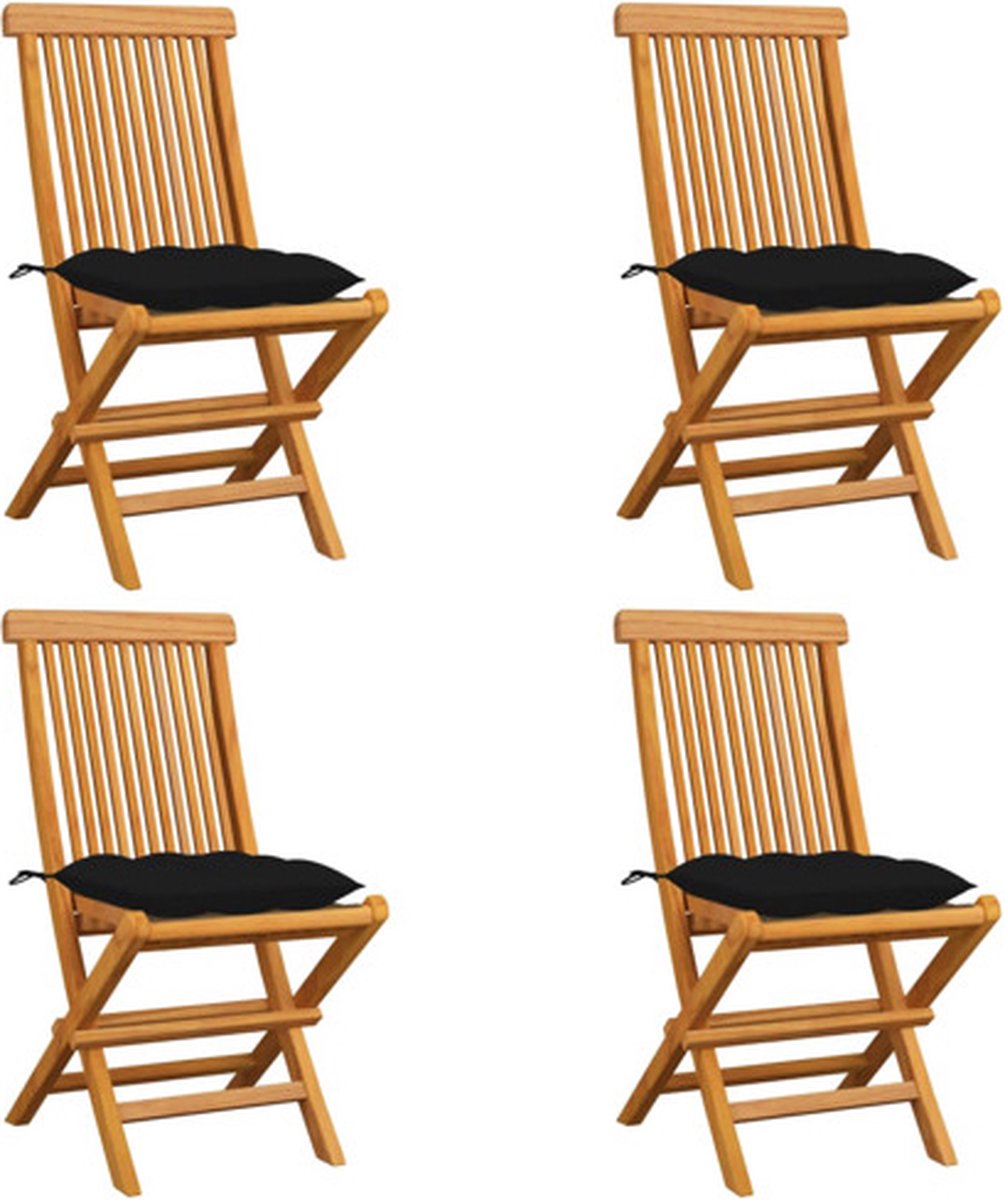 vidaXL - Tuinstoelen - 4 - st - met - zwarte - kussens - massief - teakhout