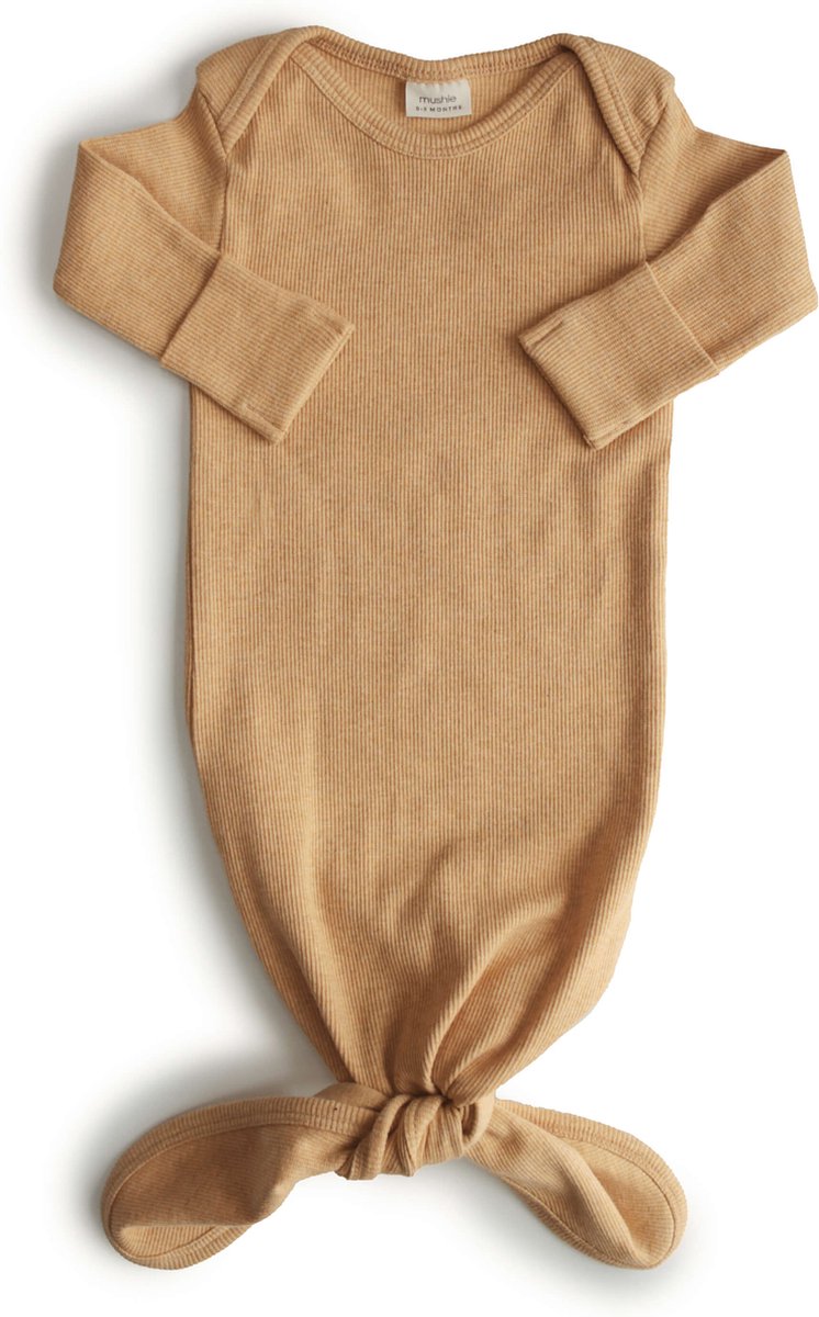 Mushie Baby Gown Ribbed Knotted | Mustard Melange - 0-3M