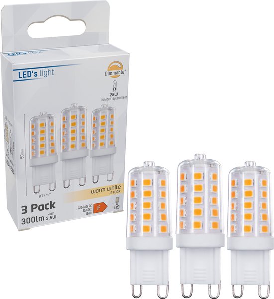 Ampoules LED ProDim G9 - Lumière blanche chaude à intensité variable - 220-240V - 3,5W remplace 28W - 3 pièces