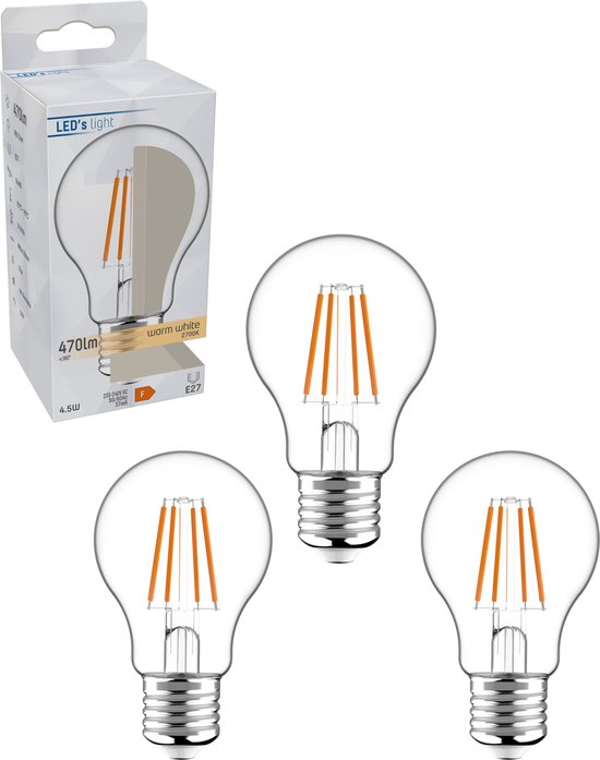ProLong LED Filament Lamp E27 - Warm wit - A60 Peer helder - 4.5W vervangt 40W - 3 lampen