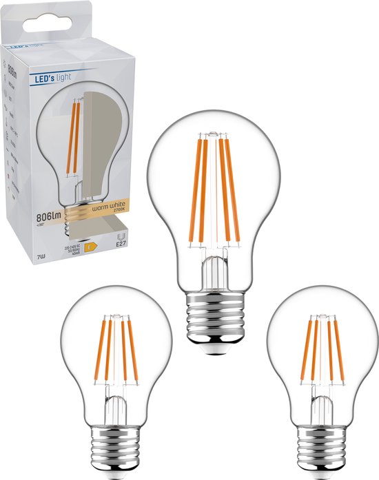 ProLong Ampoule LED Filament E27 - Blanc Chaud - A60 Poire Transparente - 7W Remplace 60W - 3 Ampoules