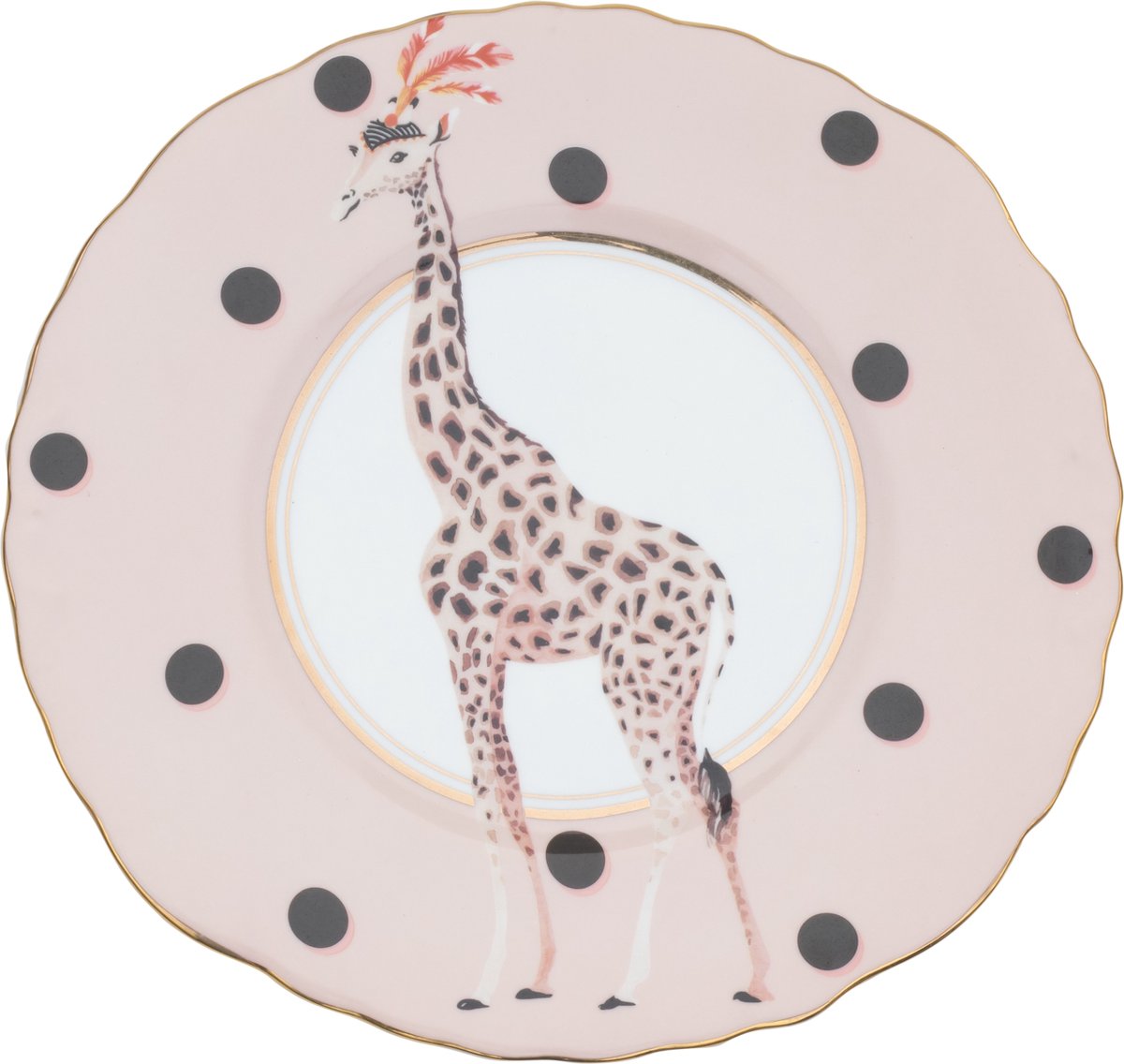 Yvonne Ellen Safari - bord - giraffe ⌀ 22 cm - roze porseleinen ontbijtbord - vintage illustratie giraffe