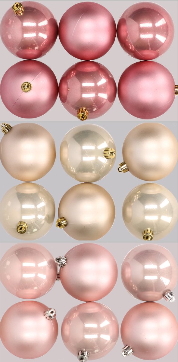 18x stuks kunststof kerstballen mix van lichtroze, champagne en oudroze 8 cm - Kerstversiering