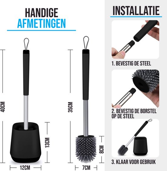 Deux tailles de brosses de toilette: 40cm avec support de 13cm de haut et 35cm avec support de 8cm de haut. Installation: fixer le manche, fixer la brosse, prêt à l'emploi.